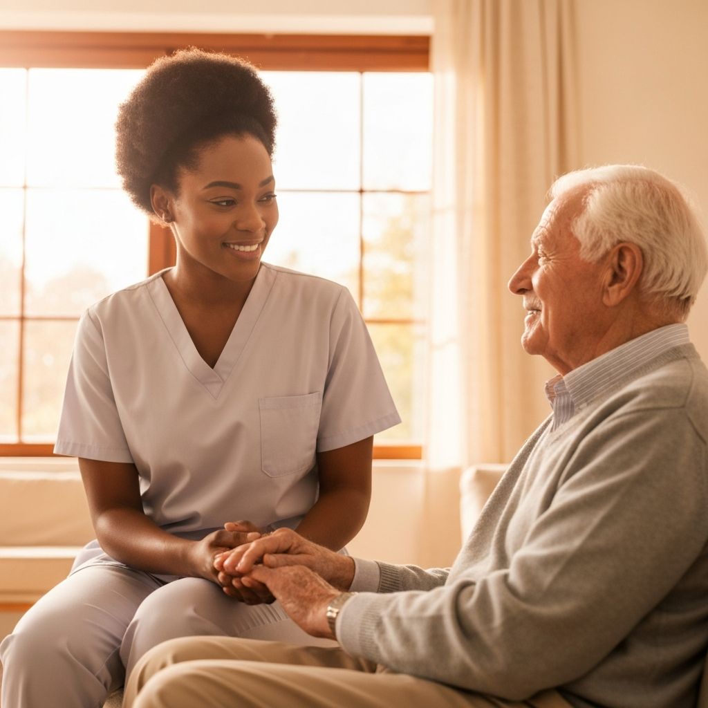 Caregiver sitting with senior client